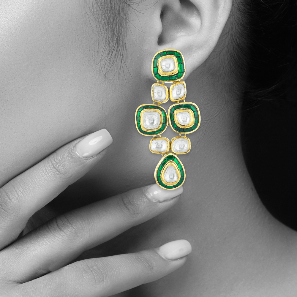 Emerald Green Talaf Polki Earrings with Tiered Polkis